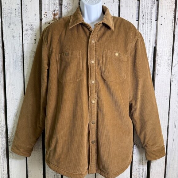 LL Bean Corduroy Sherpa Lined Shirt Jacket Men Large Tan Traditional Fit Snap Up - Picture 1 of 13